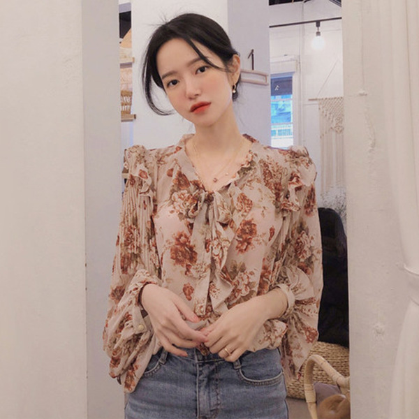 Lantern sleeve lace chiffon shirt top