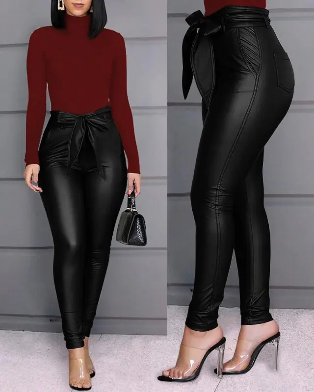 Fashion casual PU pants leather pants Black - Shop at LoveMi
