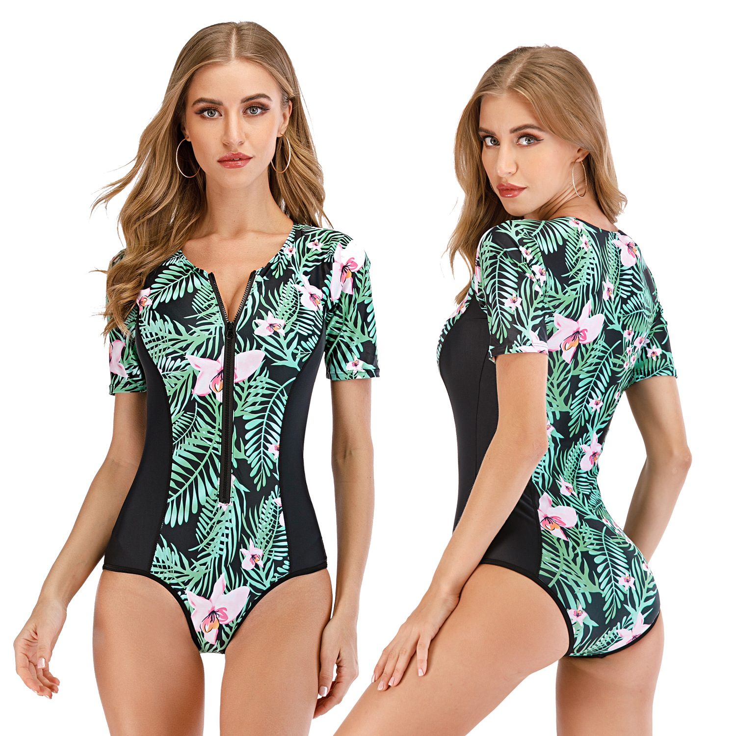 One-piece short-sleeved women's swimsuit