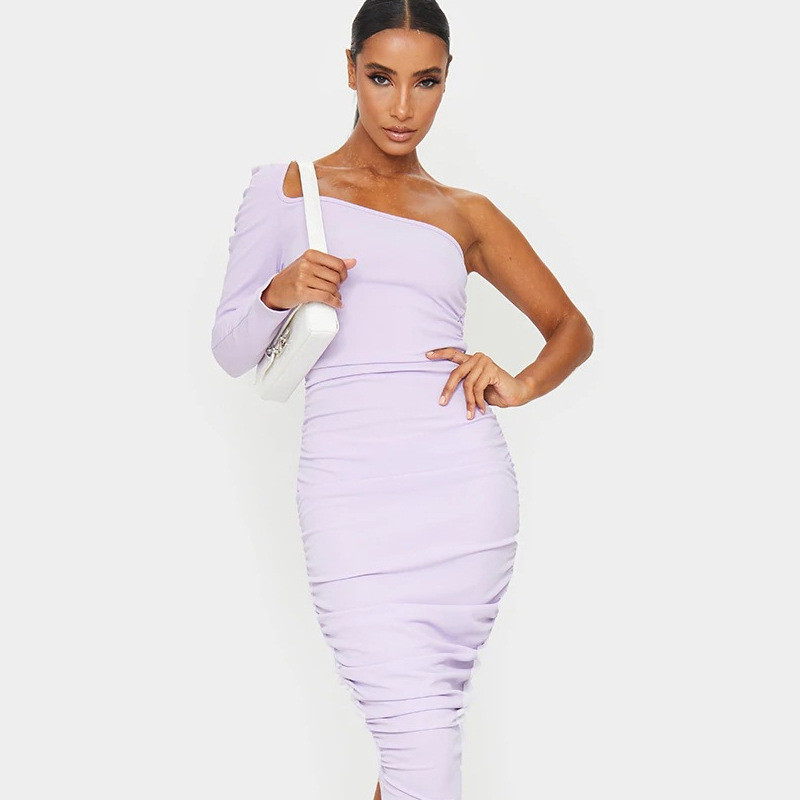 Long sleeve slanted shoulder slim sexy dress