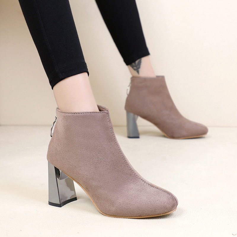 Zipper short tube thick heel British boots Camel - Shop at LoveMi