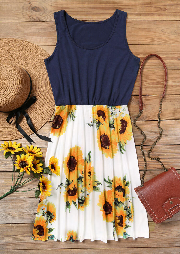 Sunflower print stitching ruffled dress