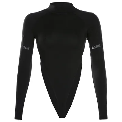 Reflective letter printed bodysuit bottoming T shirt Black - Shop at LoveMi