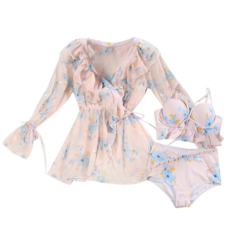 Split chiffon blouse swimsuit - Pink