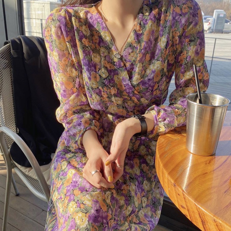 Purple floral chiffon dress