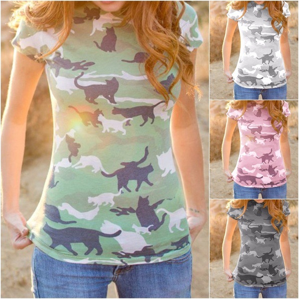 Camouflage cat print T-shirt women