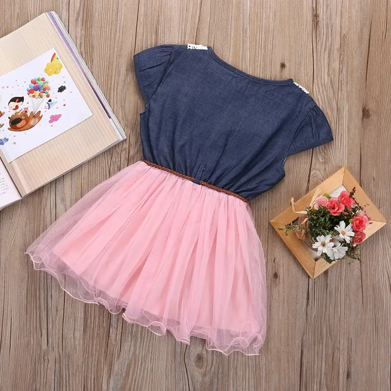 Girls dress lace denim stitching