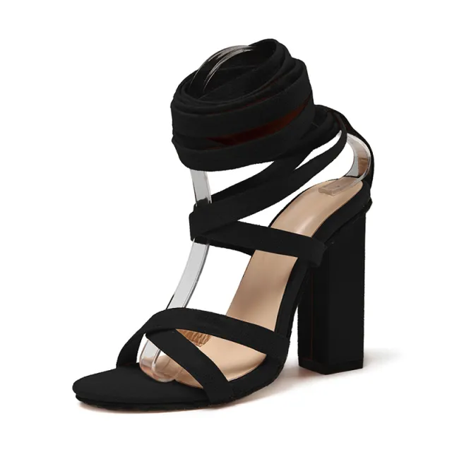 Strappy round toe chunky high heel sandals Black - Shop at LoveMi