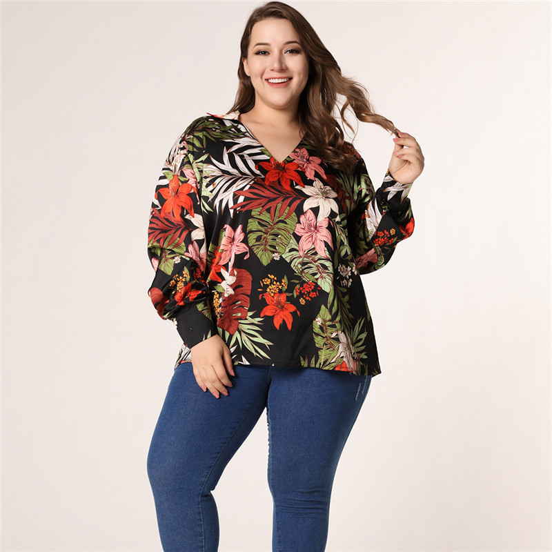 Floral plant print V-neck long-sleeved top