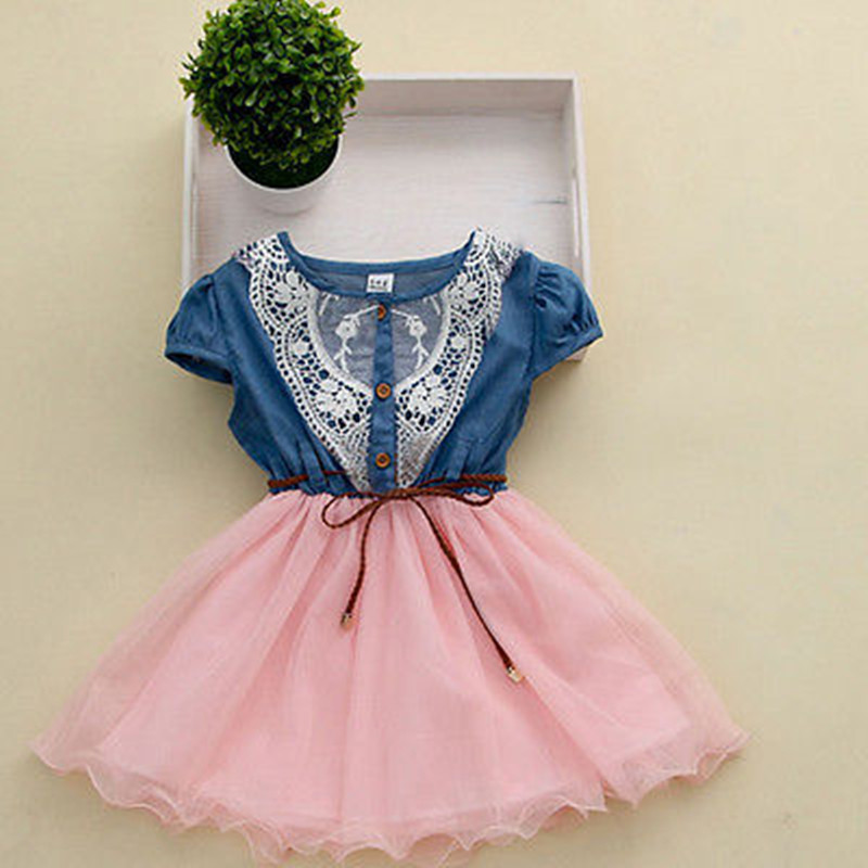 Girls dress lace denim stitching