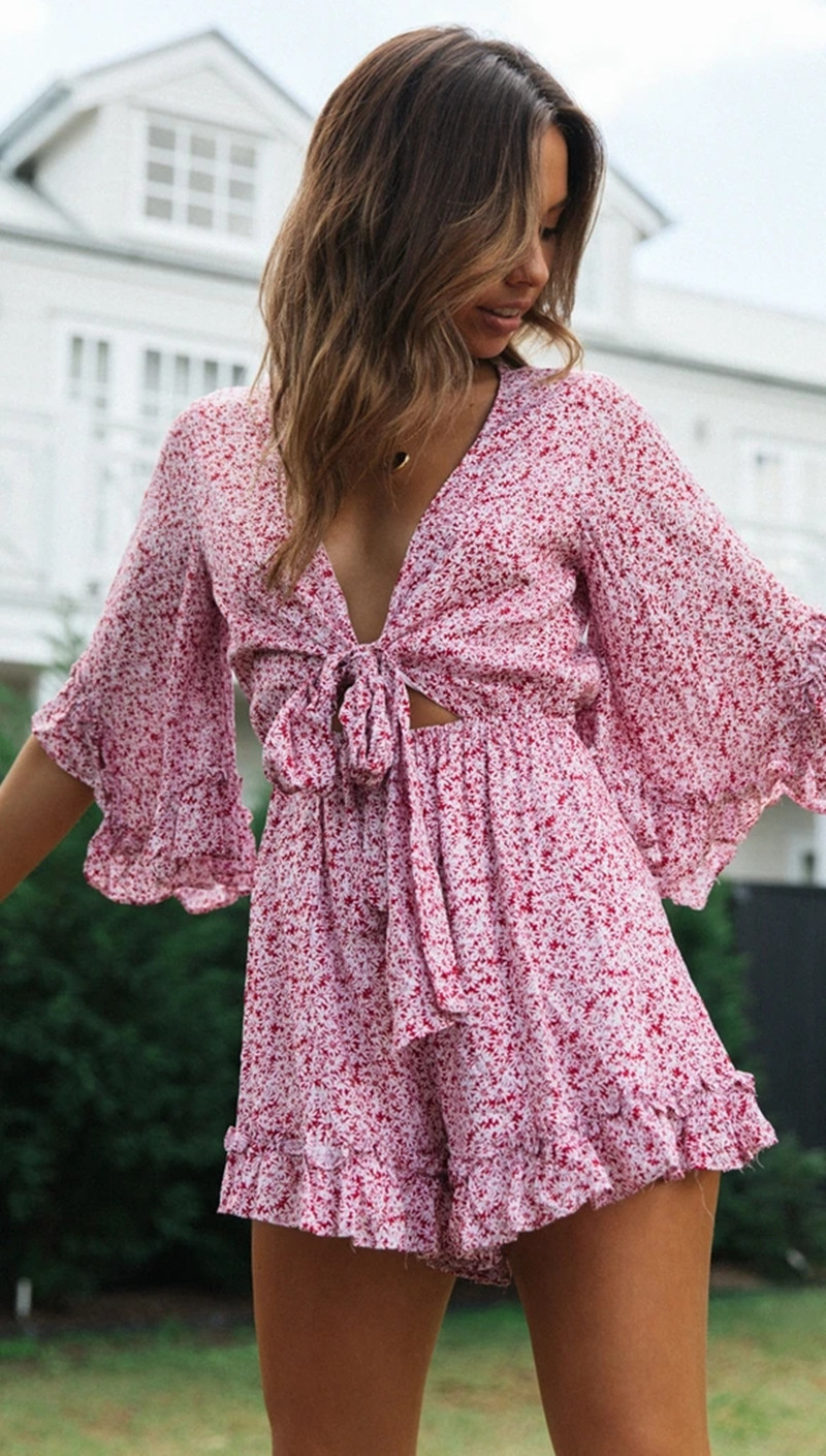 V-neck flared sleeve lace-up printed jumpsuit