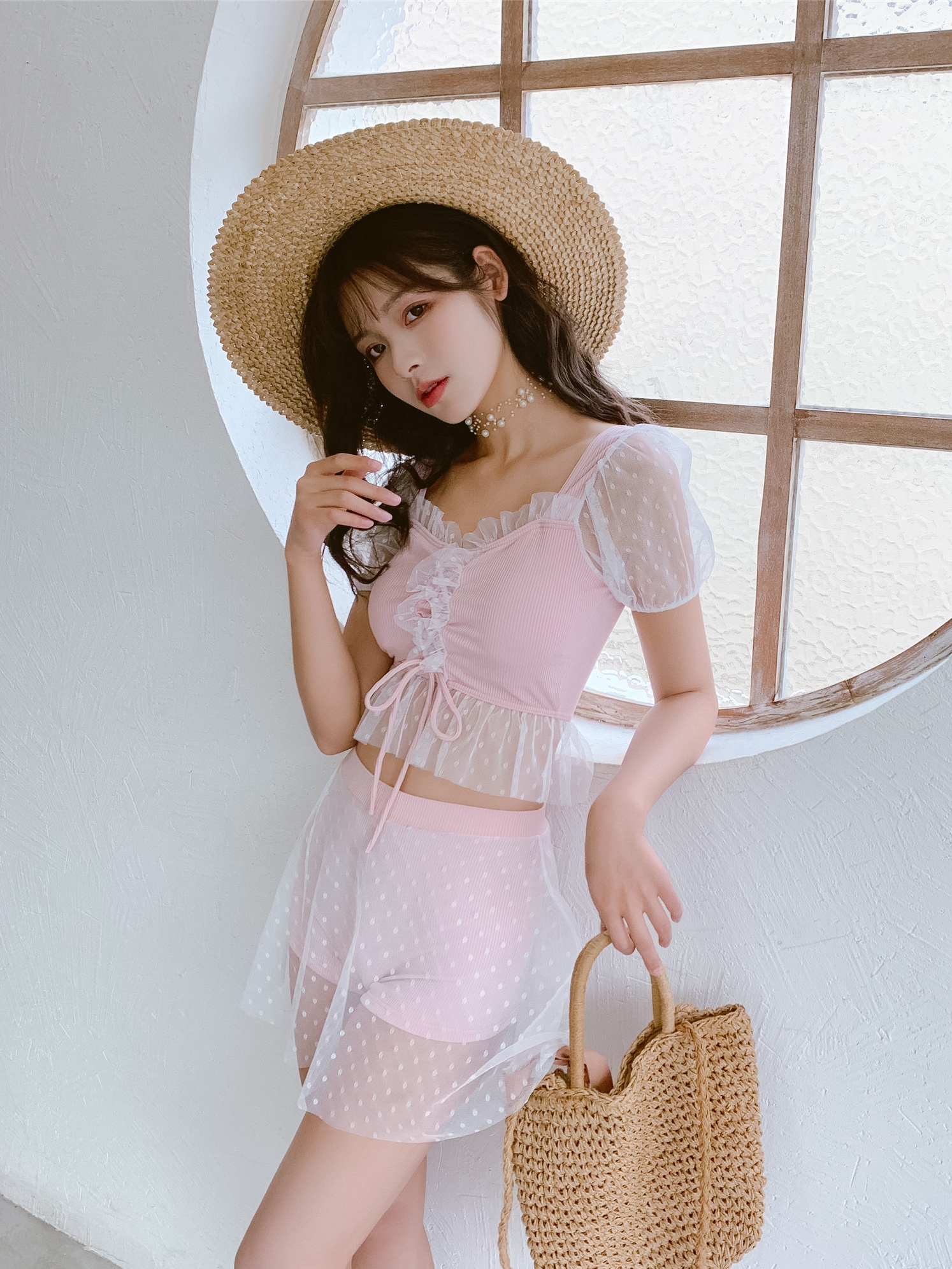 Lace cover belly slim conservative swimsuit