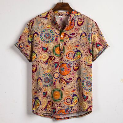 Slim-fit lapel printed short-sleeved shirt