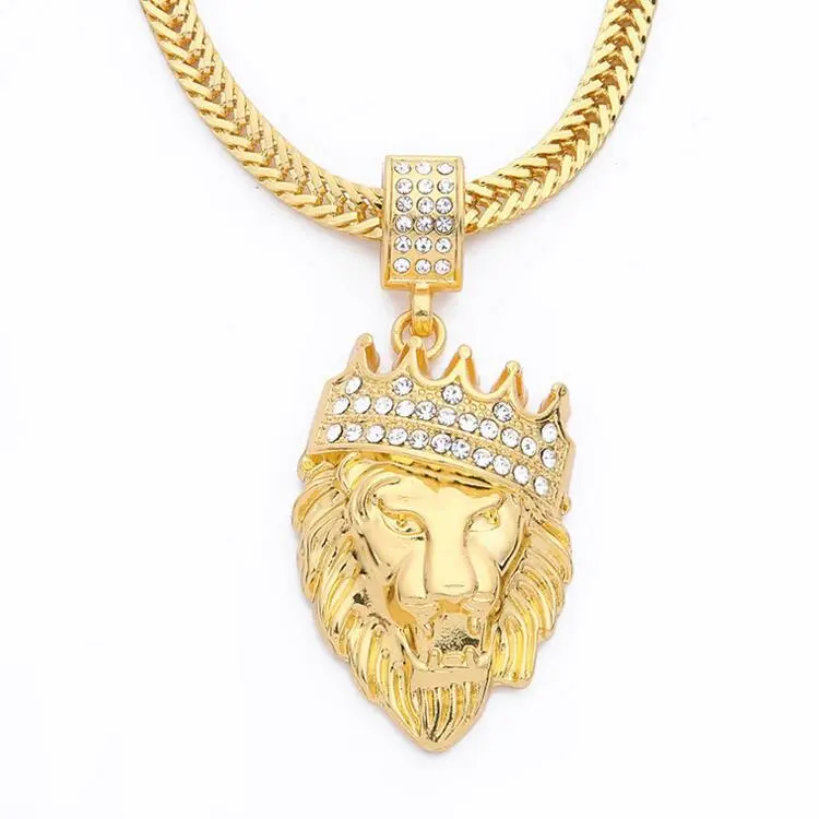 Full diamond crown lion head necklace - Gold