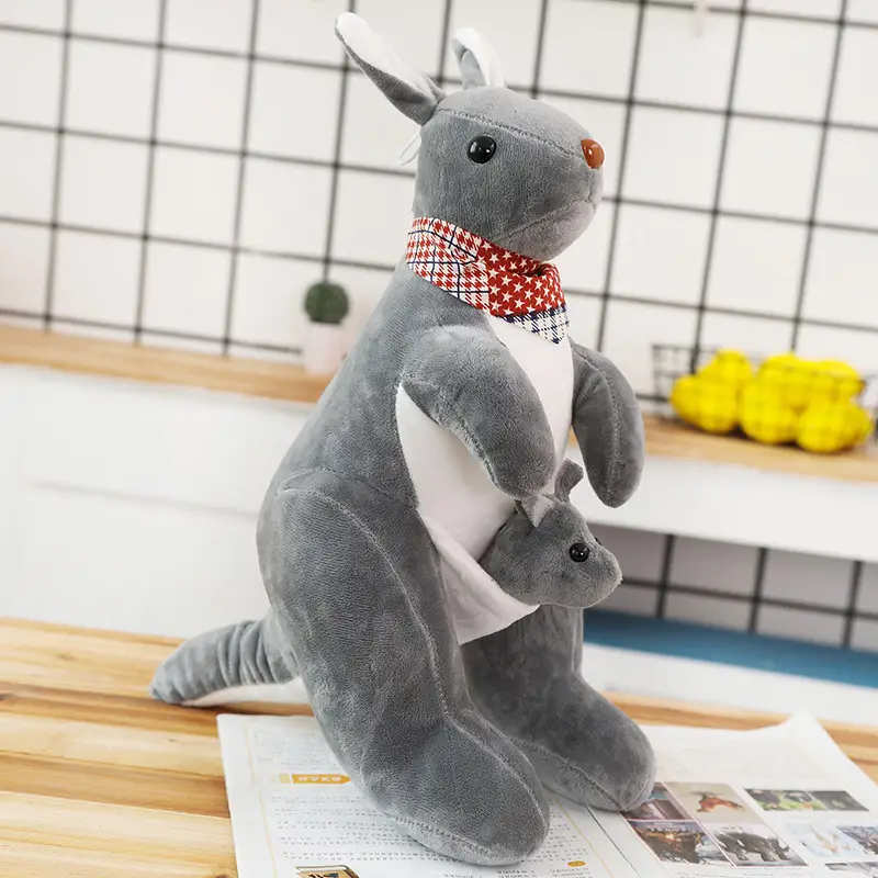 Mother and Joey Kangaroo Plush Toy Stuffed Animal — Grey