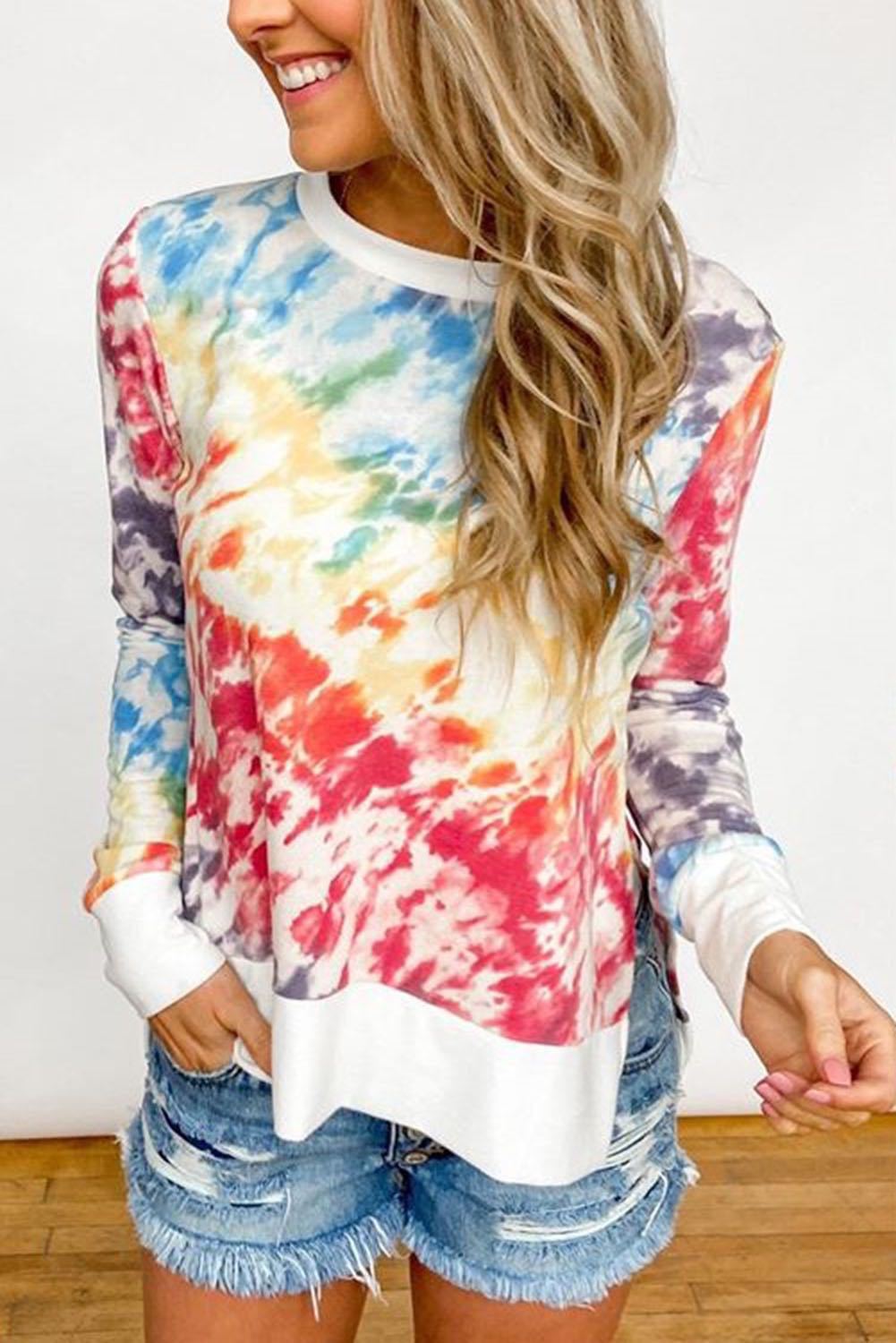 Tie-dye print gradient collar T-shirt