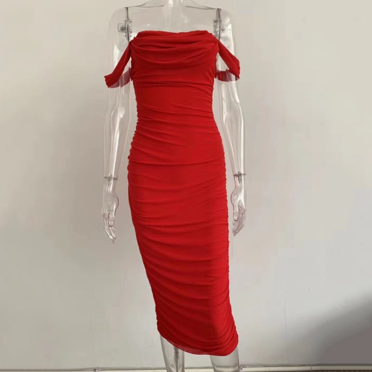 Tube top off shoulder pleated slit dress