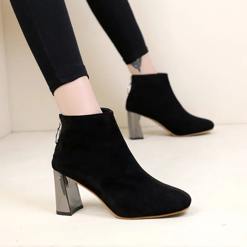 Zipper short tube thick heel British boots - Black