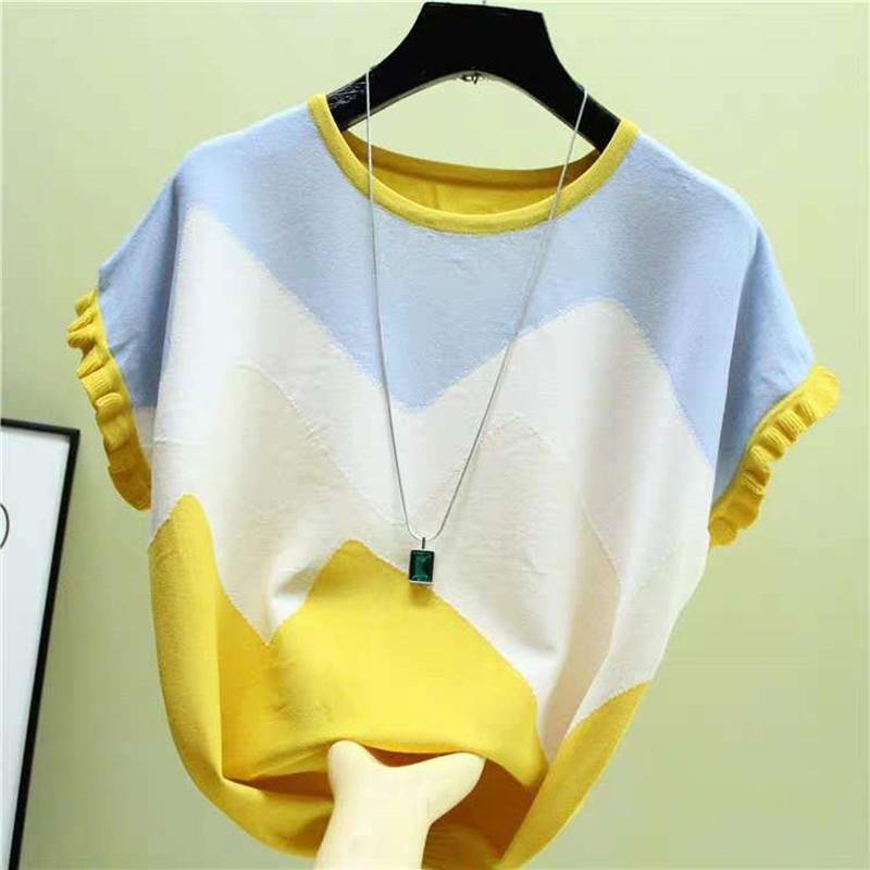 Women's knitted contrast color T-shirt top