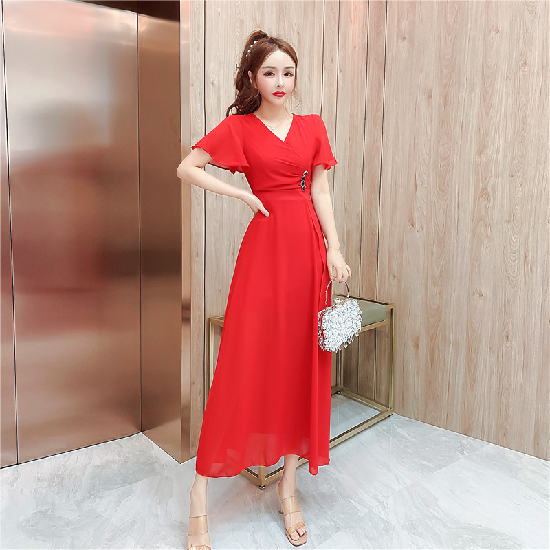 Mesh stitching flared short sleeve dress