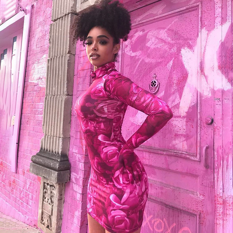 Printed long-sleeved gloved hip dress