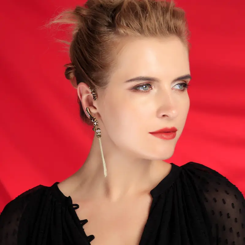 Rice beads with diamond tassel earrings