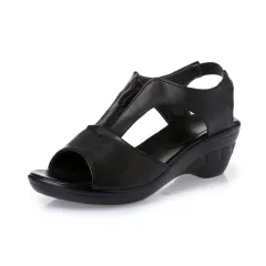 Wedge heel hollow female sandals mid-heel mother sandals - Black - View 1