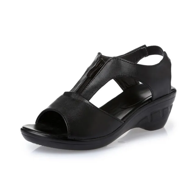 Wedge heel hollow female sandals mid heel mother sandals Black - Shop at LoveMi