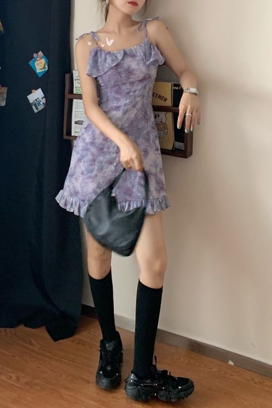 Temperament sling waist ruffle dress