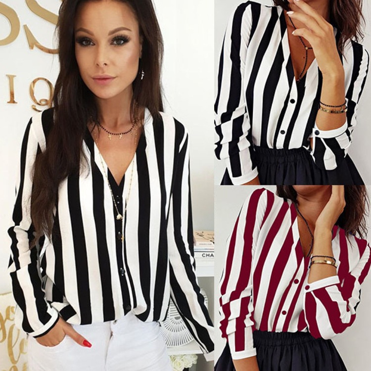 Commuter sexy V-neck striped long sleeve top