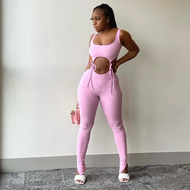 Lace up cutout sports pants suit Pink - Shop at LoveMi