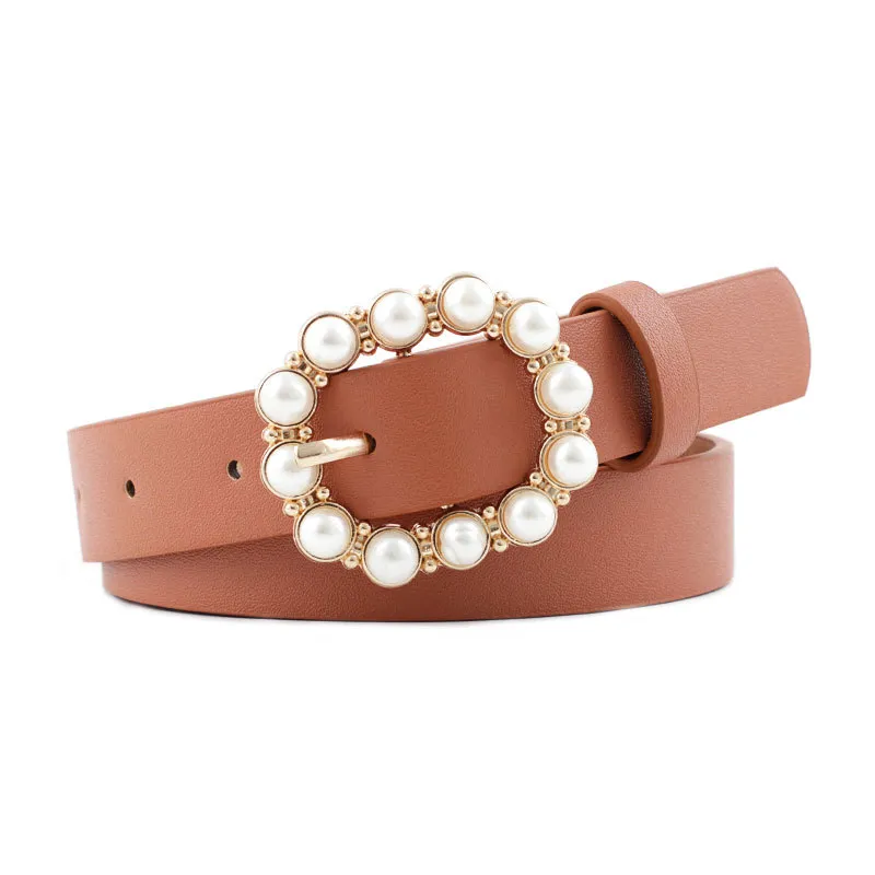 Leather pearl belt - Camel