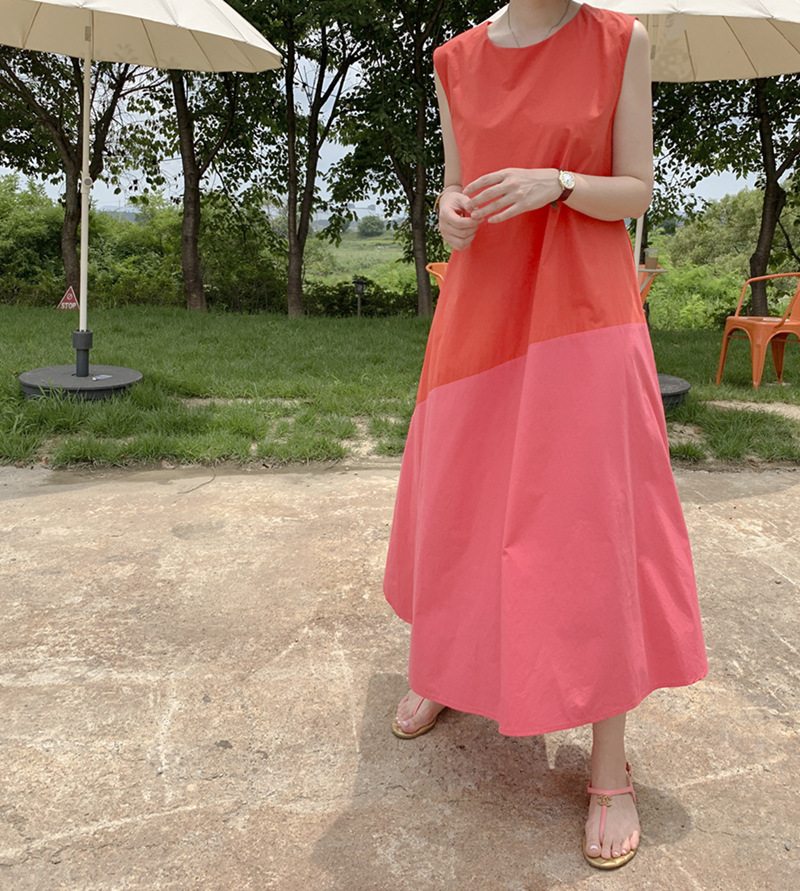 Sleeveless contrast color stitching dress women