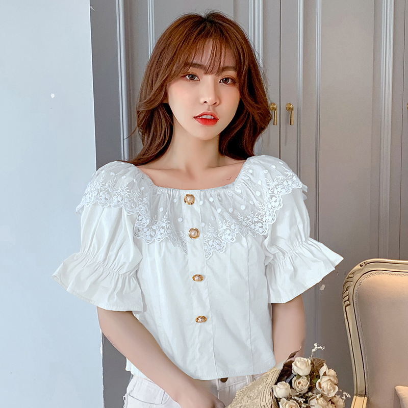 Square collar lace stitching design sense niche short sleeves