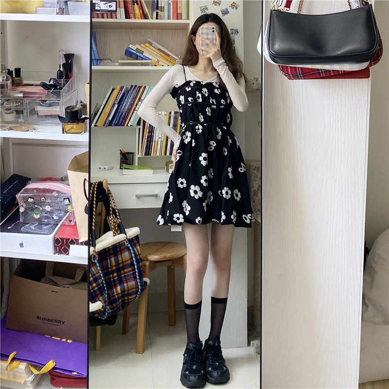 Black and white floral sling dress