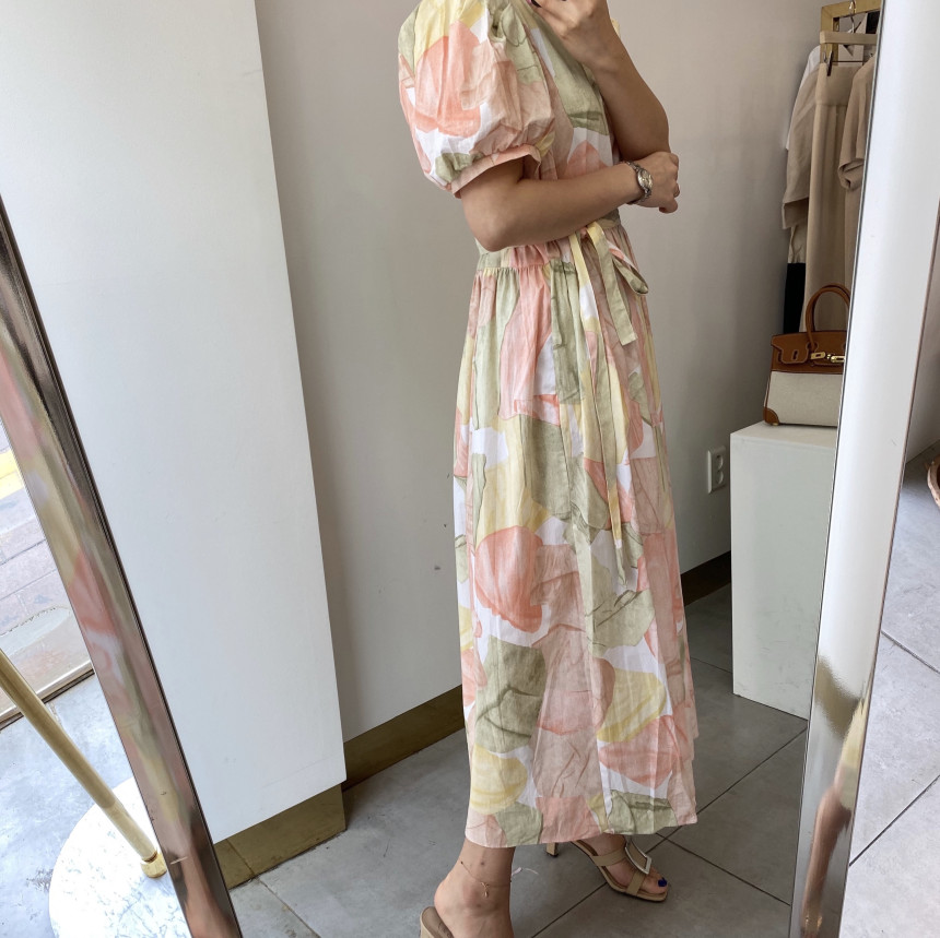 Retro smudge print slimming square neck dress