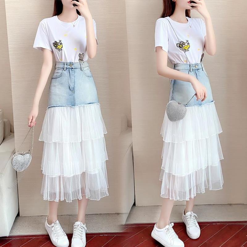 Denim gauze skirt two-piece set