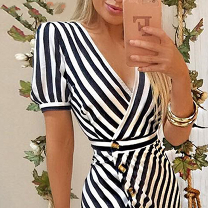 Striped deep V high slit cake skirt long skirt