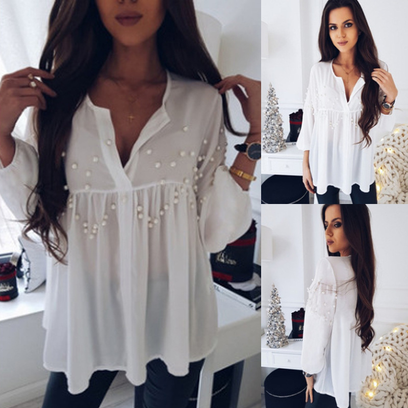 White Chiffon Beaded Loose Casual  Collar Top