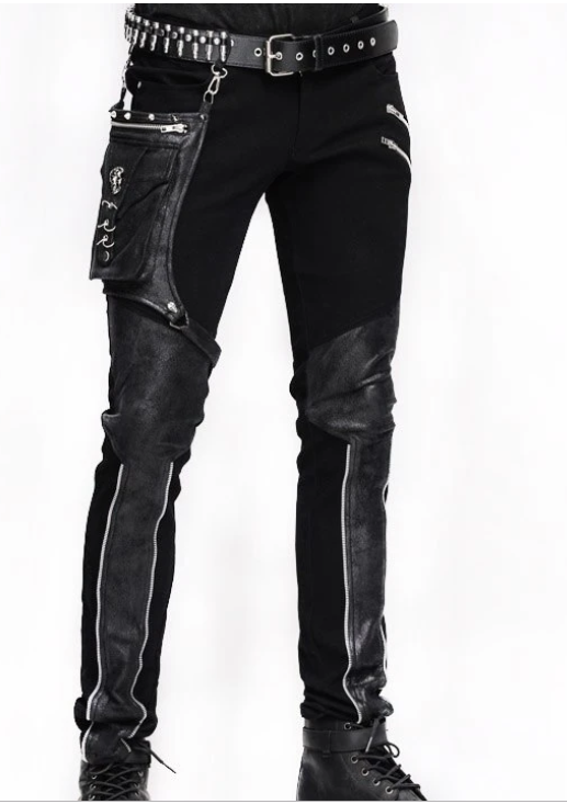 Stitching gear zipper leather pants black slim men's pant