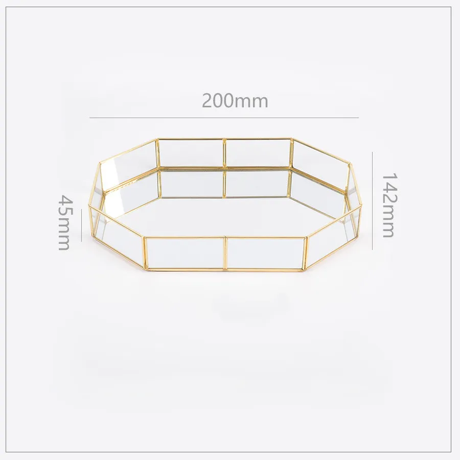 Golden vintage polygon mirror tray - 20X14.2X4.5Cm