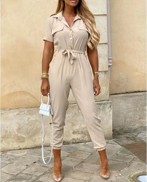 Lapel printed jumpsuit - Beige