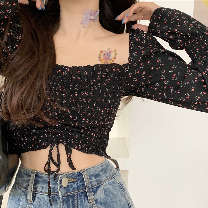 Square neck small floral chiffon shirt