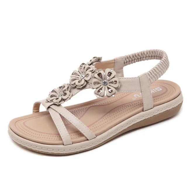 Sandals seaside rhinestone flower flats Apricot - Shop at LoveMi