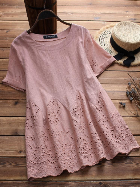 Lace Hollow Embroidered Short Sleeve T-Shirt Shirt