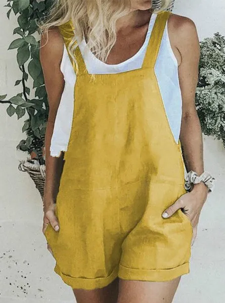 Women's Pure Cotton Linen Casual Jumpsuit Shorts Yellow - Shop at LoveMi