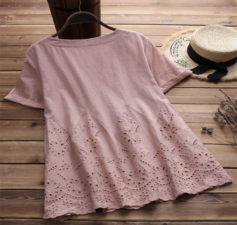 Lace Hollow Embroidered Short Sleeve T-Shirt Shirt - 5