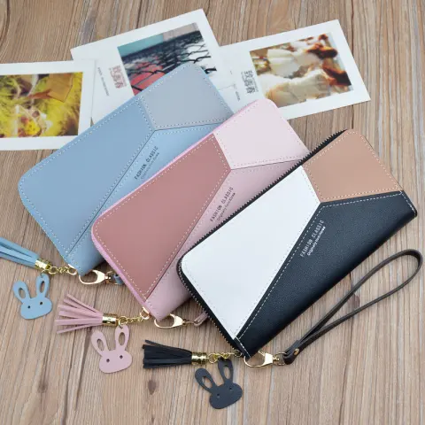 Women's Long Zipper Tassel Stitching Clutch