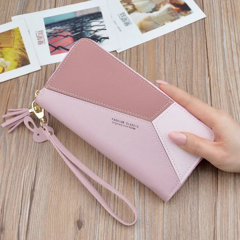 Women's long zipper tassel stitching clutch - Pink