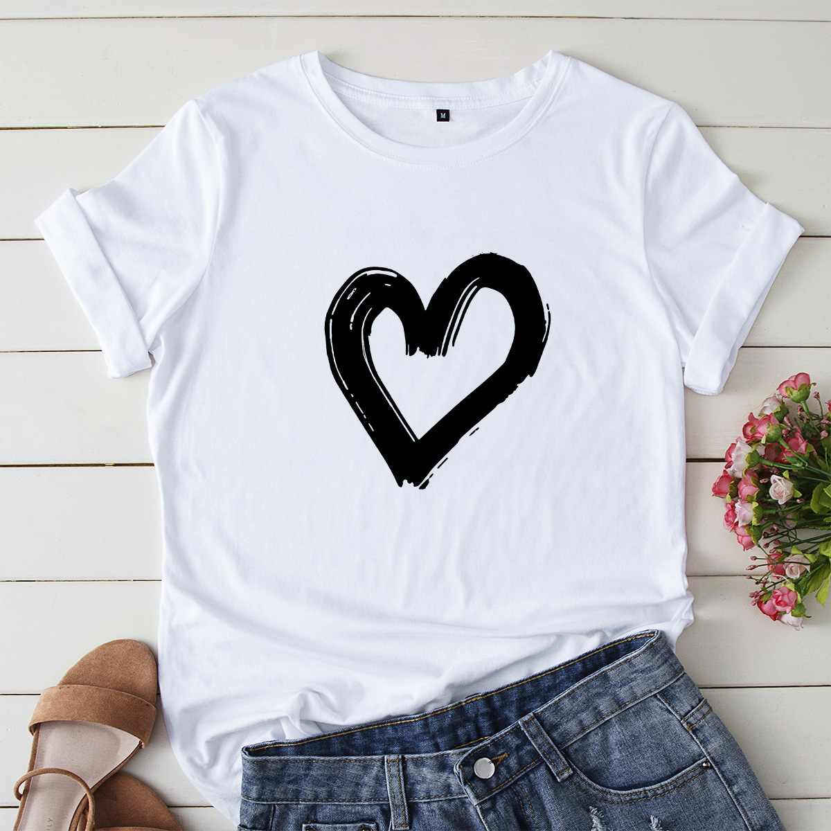 Loose round neck ink heart-shaped bottoming short-sleeved t-shirt